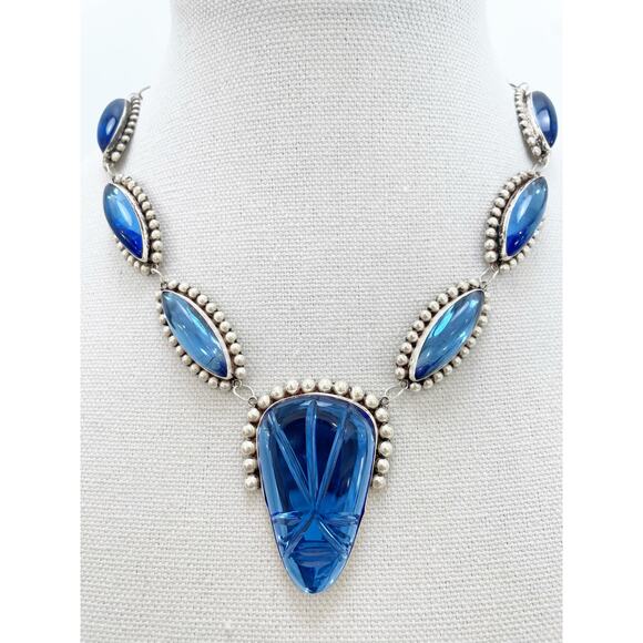 Hecho En Mexico Vintage Sterling Silver Blue Glass Statement Necklace - Picture 8 of 13